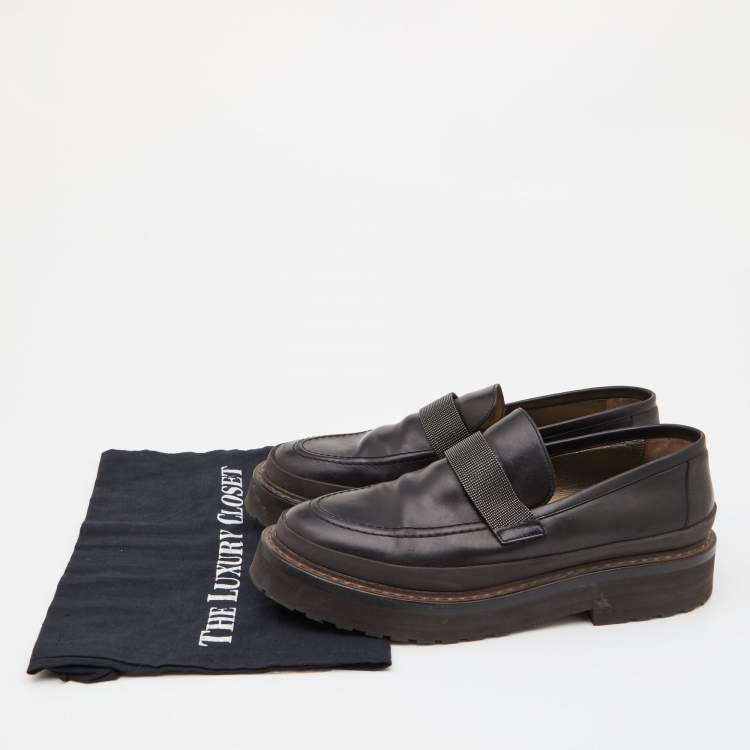 Pre Owned Brunello Cucinelli Dark Brown Leather Bead Embellished Loafers Size 40