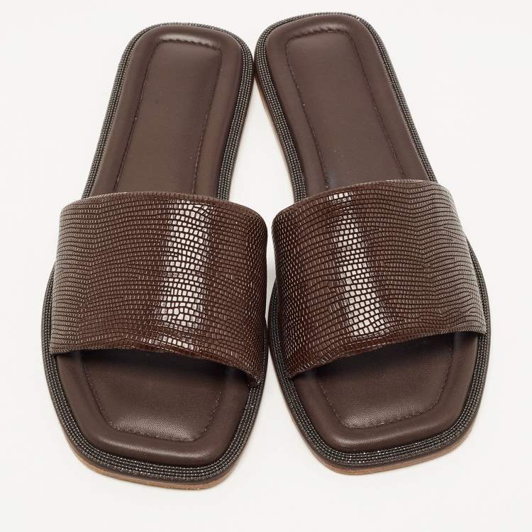 Pre Owned Brunello Cucinelli Brown Textured Leather Monili Trim Flat Slides Size 38