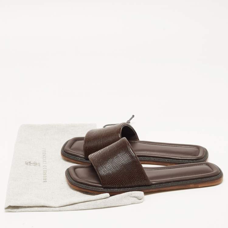 Pre Owned Brunello Cucinelli Brown Textured Leather Monili Trim Flat Slides Size 38