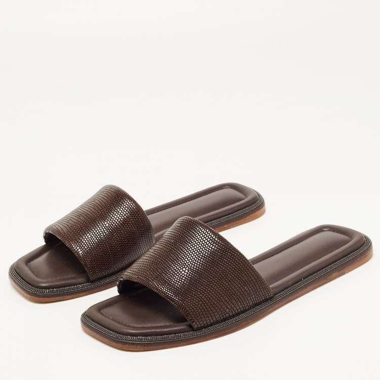 Pre Owned Brunello Cucinelli Brown Textured Leather Monili Trim Flat Slides Size 38