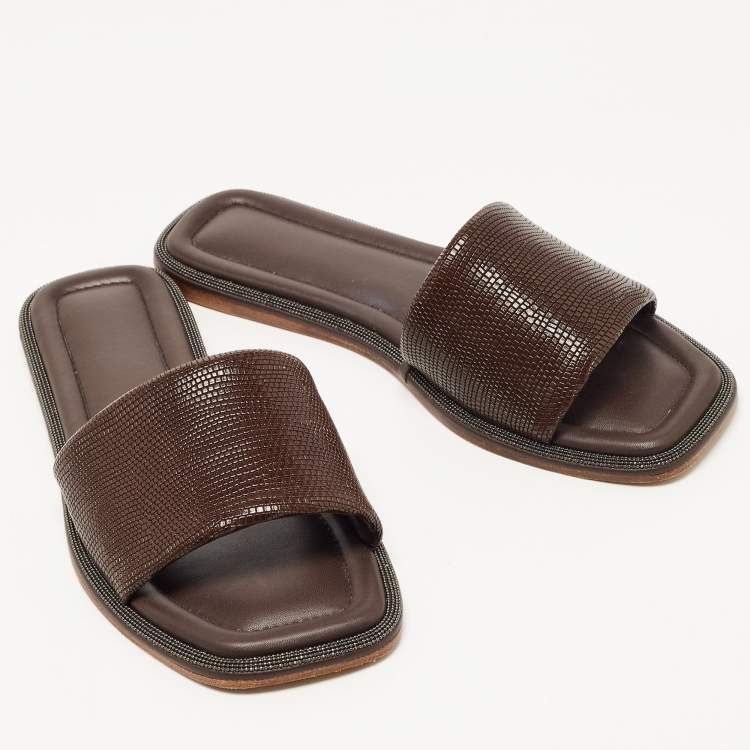 Pre Owned Brunello Cucinelli Brown Textured Leather Monili Trim Flat Slides Size 38