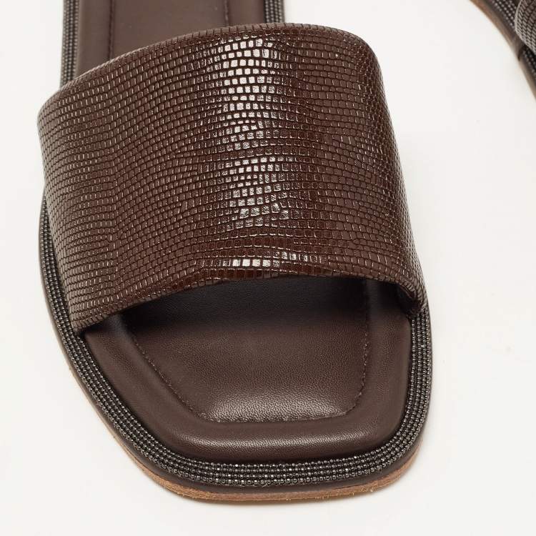 Pre Owned Brunello Cucinelli Brown Textured Leather Monili Trim Flat Slides Size 38