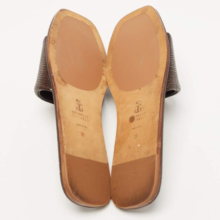 Pre Owned Brunello Cucinelli Brown Textured Leather Monili Trim Flat Slides Size 38