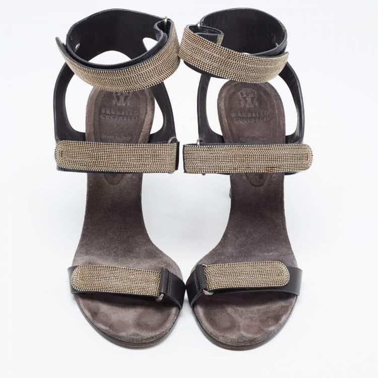 Pre Owned Brunello Cucinelli Black Leather Embellished Ankle Strap Sandals Size 38