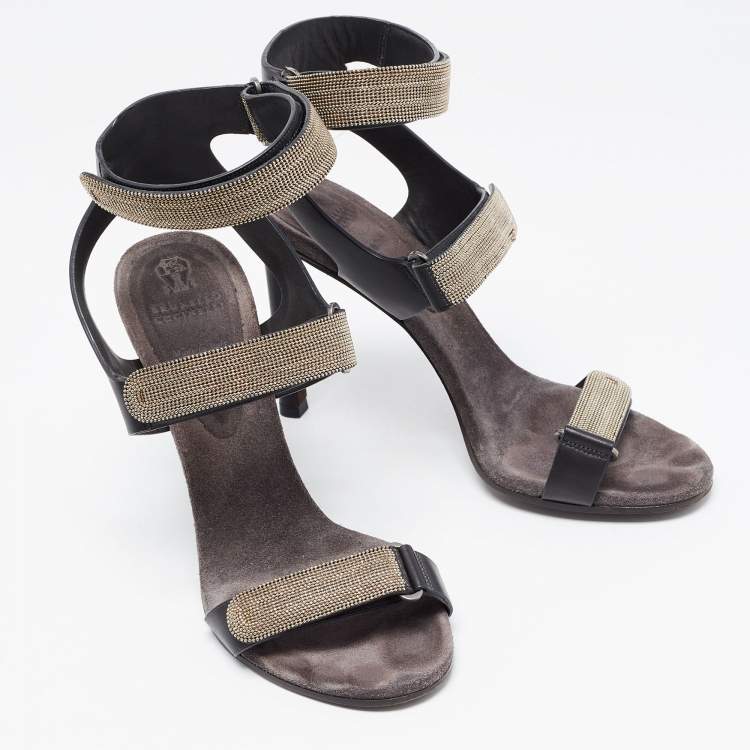 Pre Owned Brunello Cucinelli Black Leather Embellished Ankle Strap Sandals Size 38
