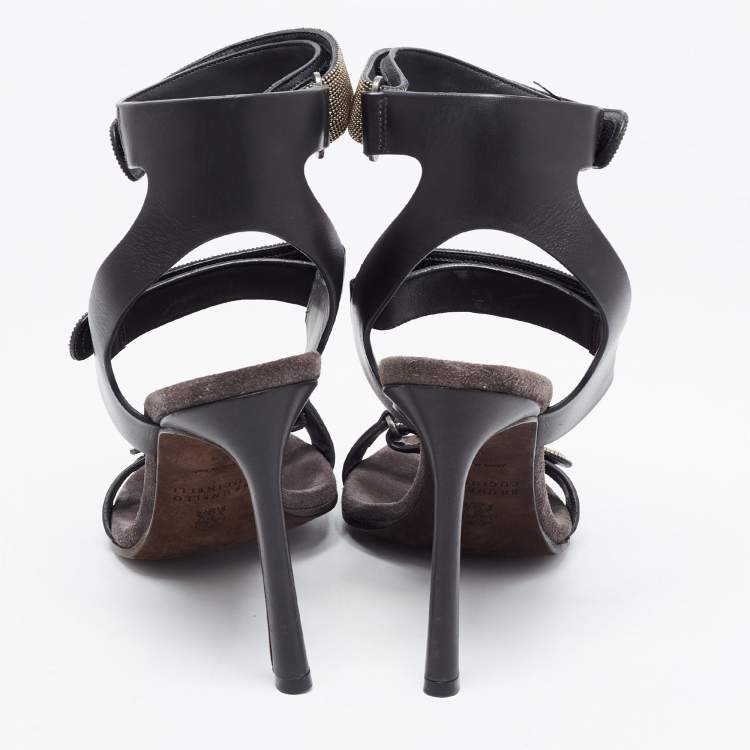 Pre Owned Brunello Cucinelli Black Leather Embellished Ankle Strap Sandals Size 38