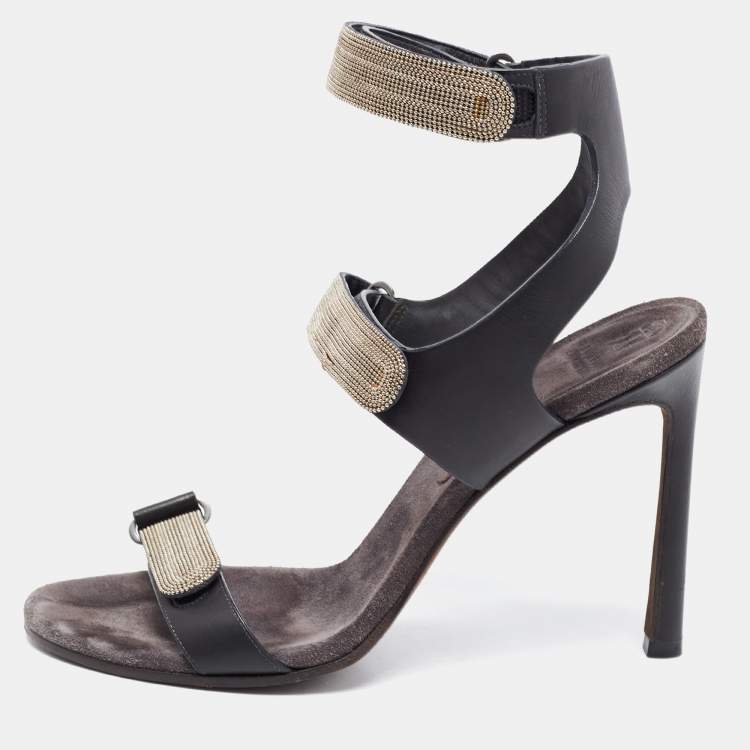 Pre Owned Brunello Cucinelli Black Leather Embellished Ankle Strap Sandals Size 38
