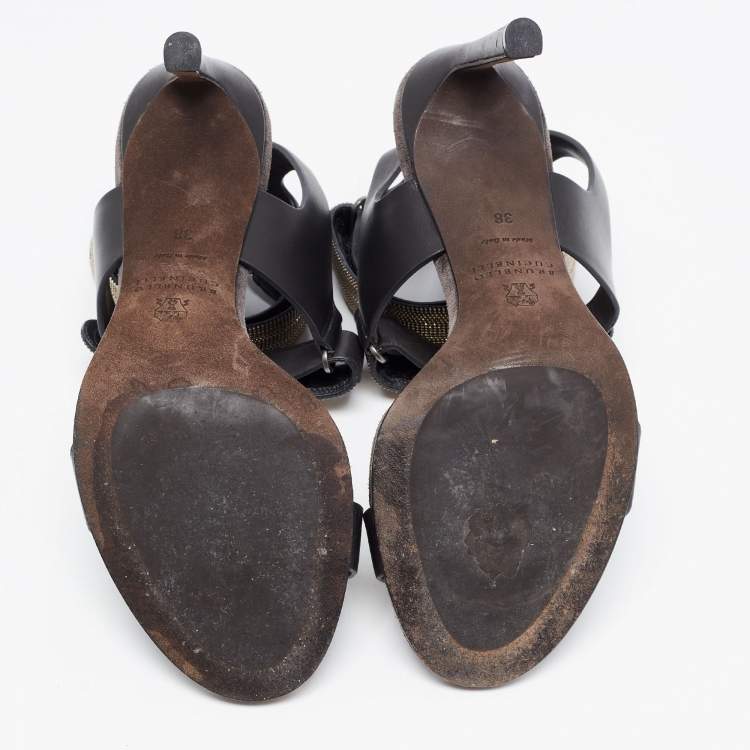 Pre Owned Brunello Cucinelli Black Leather Embellished Ankle Strap Sandals Size 38