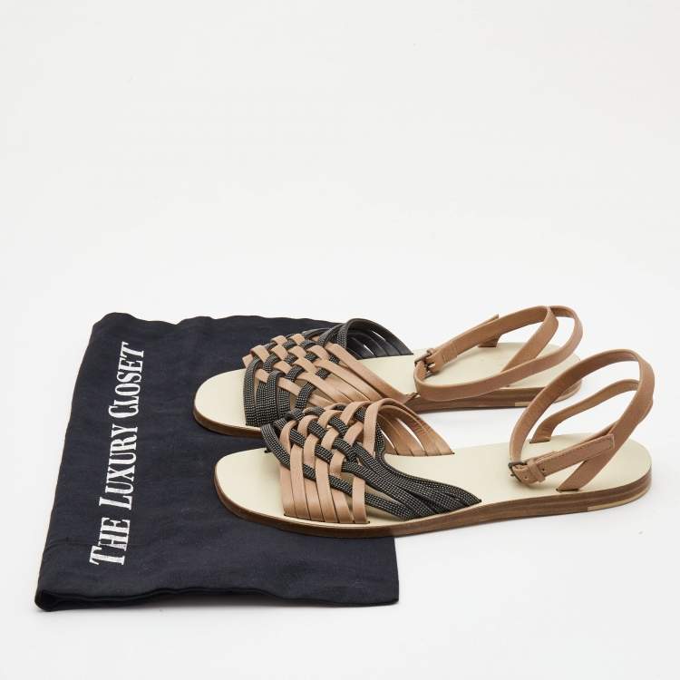 Pre Owned Brunello Cucinelli Brown/Black Leather And Glitter Crossover Ankle Strap Flat Sandals Size 37
