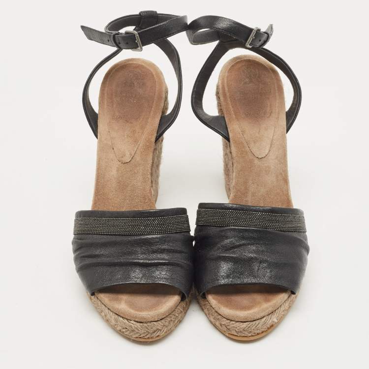 Pre Owned Brunello Cucinelli Black Leather Ankle Strap Wedge Sandals Size 40