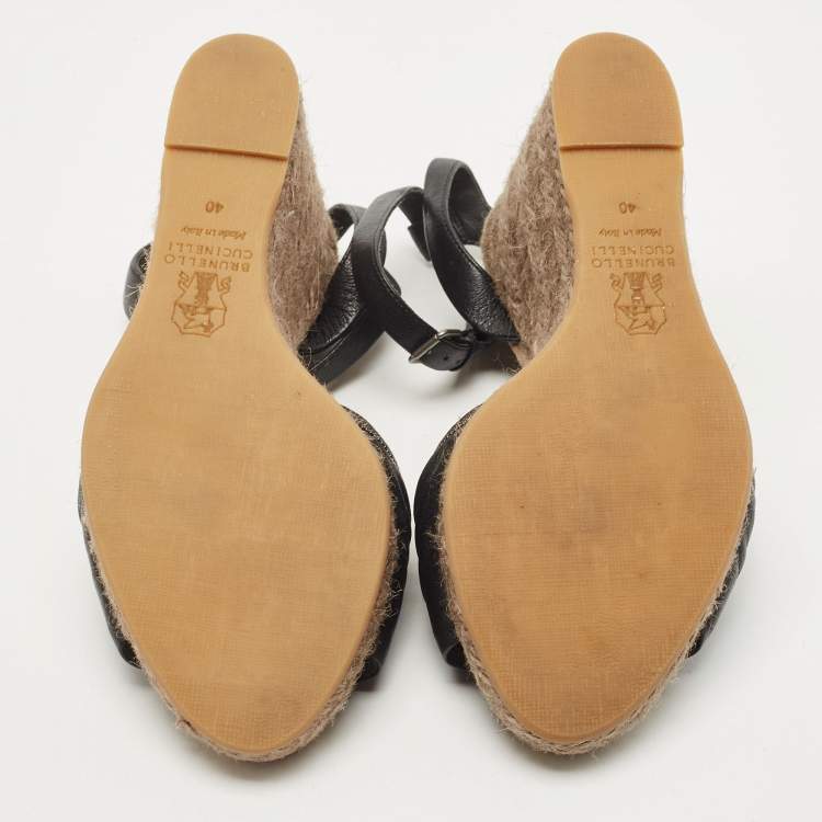 Pre Owned Brunello Cucinelli Black Leather Ankle Strap Wedge Sandals Size 40