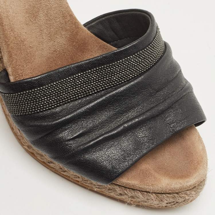 Pre Owned Brunello Cucinelli Black Leather Ankle Strap Wedge Sandals Size 40