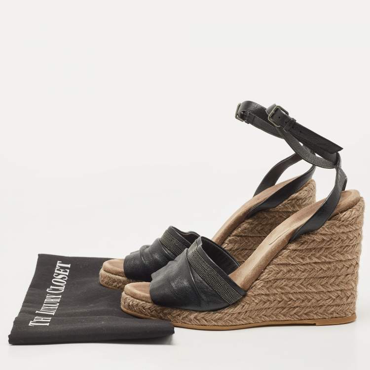 Pre Owned Brunello Cucinelli Black Leather Ankle Strap Wedge Sandals Size 40