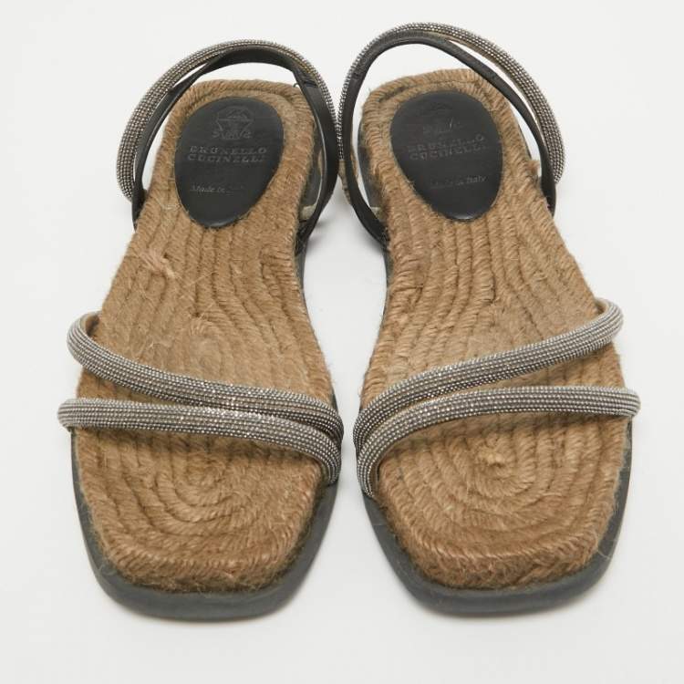 Pre Owned Brunello Cucinelli Black/Beige Leather and Crystal Embellished Slingback Flat Sandals Size 36