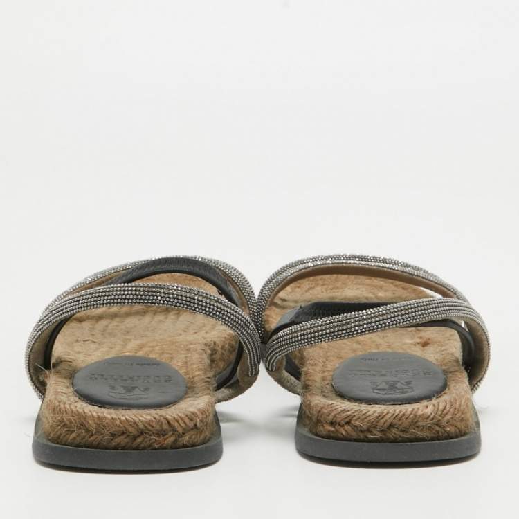 Pre Owned Brunello Cucinelli Black/Beige Leather and Crystal Embellished Slingback Flat Sandals Size 36