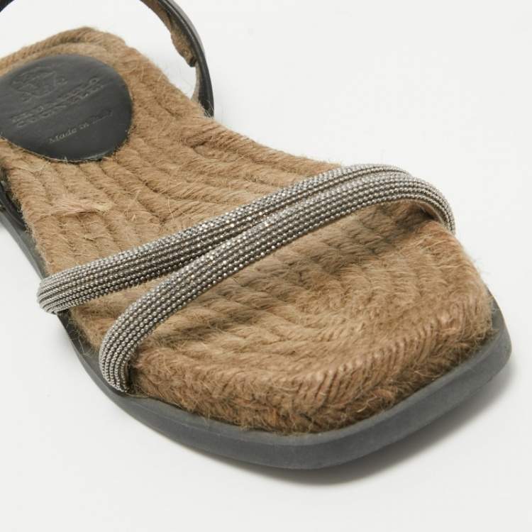 Pre Owned Brunello Cucinelli Black/Beige Leather and Crystal Embellished Slingback Flat Sandals Size 36