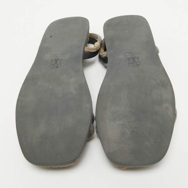 Pre Owned Brunello Cucinelli Black/Beige Leather and Crystal Embellished Slingback Flat Sandals Size 36