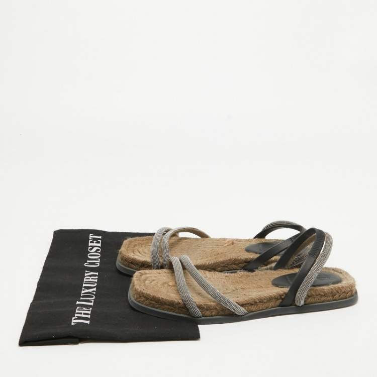 Pre Owned Brunello Cucinelli Black/Beige Leather and Crystal Embellished Slingback Flat Sandals Size 36