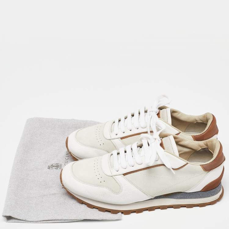 Pre Owned Brunello Cucinelli White/Brown Suede and Leather Low Top Sneakers Size 42