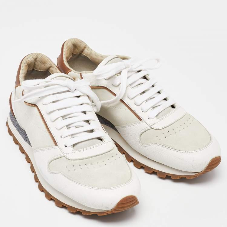 Pre Owned Brunello Cucinelli White/Brown Suede and Leather Low Top Sneakers Size 42