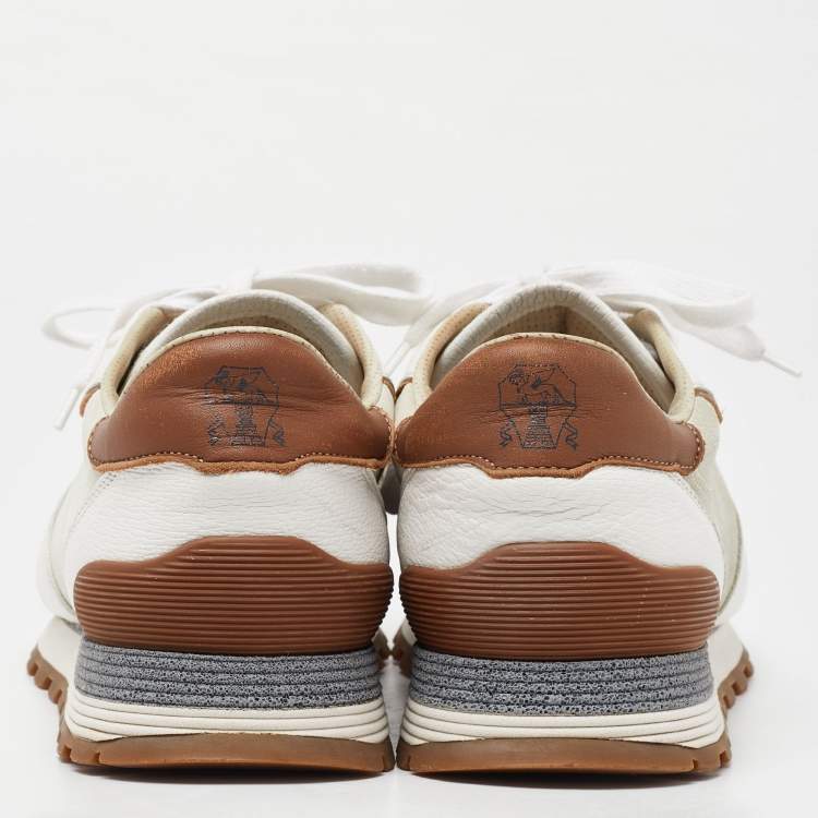 Pre Owned Brunello Cucinelli White/Brown Suede and Leather Low Top Sneakers Size 42