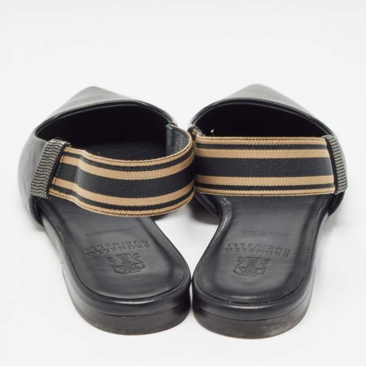 Pre Owned Brunello Cucinelli Black Leather Slingback Flats Size 37