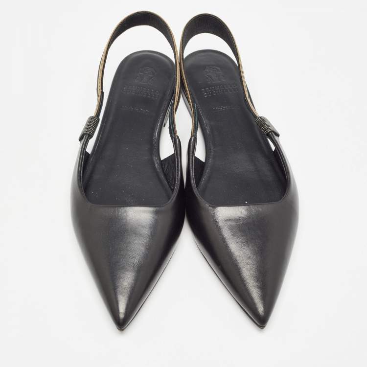 Pre Owned Brunello Cucinelli Black Leather Slingback Flats Size 37