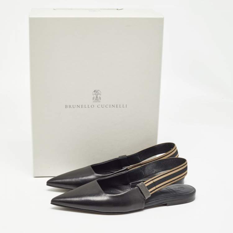 Pre Owned Brunello Cucinelli Black Leather Slingback Flats Size 37