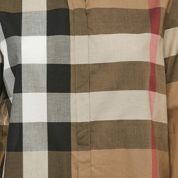 Pre Owned Burberry Brit Taupe Brown Checked Cotton Button Front Shirt XL
