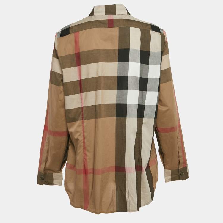 Pre Owned Burberry Brit Taupe Brown Checked Cotton Button Front Shirt XL
