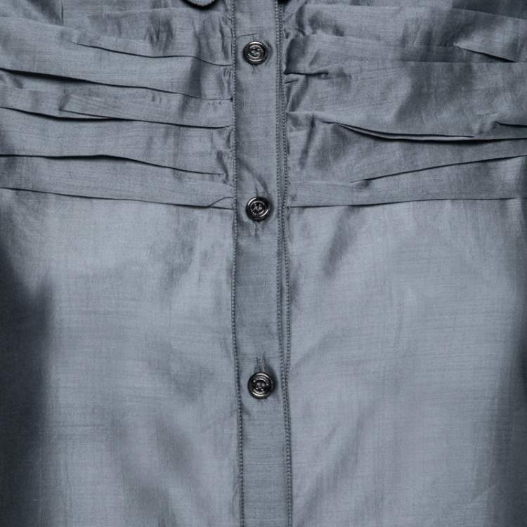 Pre Owned Burberry London Grey Cotton & Silk Ruched Detail Button Front Tunic S