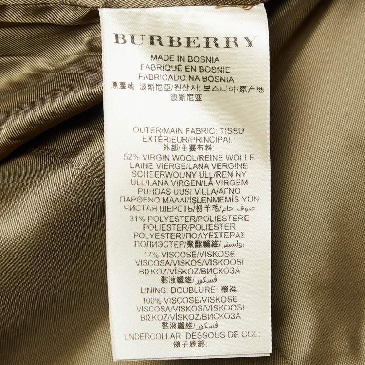 Pre Owned Burberry Green Nova Check Wool Blend Button Mid-Length Coat M