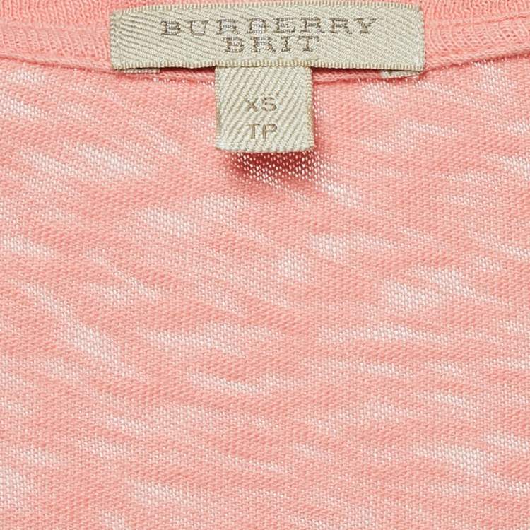 Pre Owned Burberry Brit Coral Pink Check Sprayed Cotton Scoop Neck T-Shirt XS
