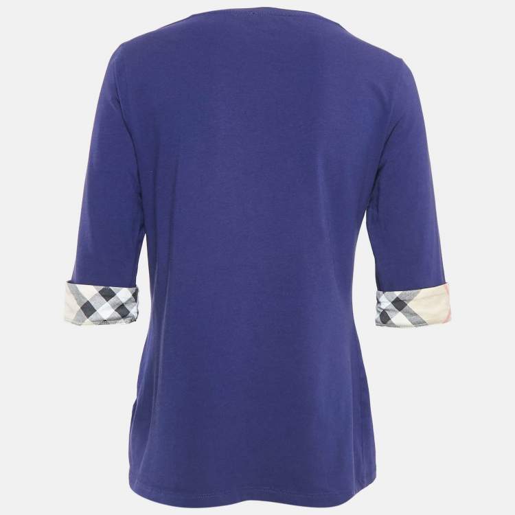 Pre Owned Burberry Brit Blue Stretch Cotton Nova Check Trim T-Shirt L