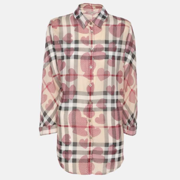 Pre Owned Burberry Brit Multicolor Heart Print Nova Check Cotton Plaid Button Shirt XL
