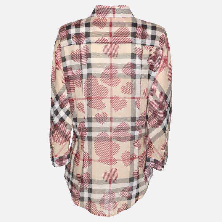 Pre Owned Burberry Brit Multicolor Heart Print Nova Check Cotton Plaid Button Shirt XL