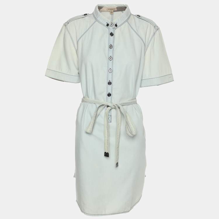 Pre Owned Burberry Brit Washed Blue Cotton Belted Dress L