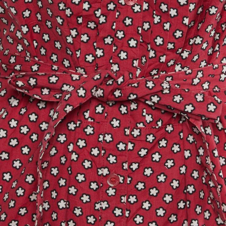 Pre Owned Burberry Red Printed Cotton Belted Shirt Dress S