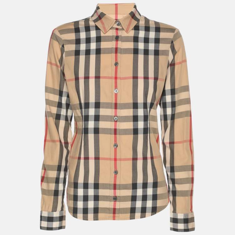 Pre Owned Burberry Brit Beige House Check Stretch Cotton Long Sleeve Shirt XS