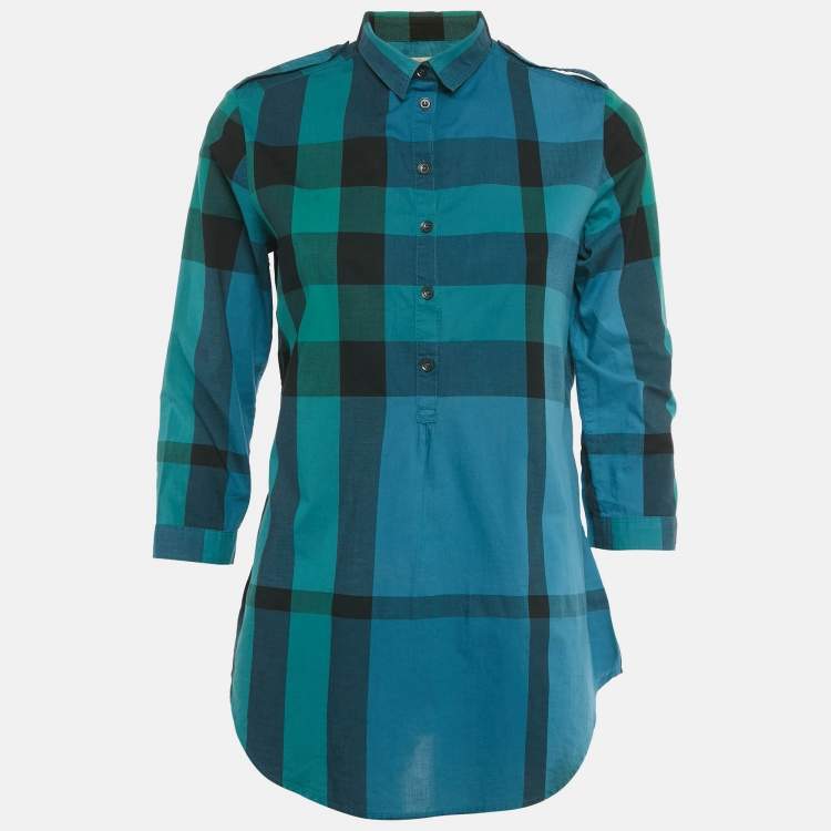 Pre Owned Burberry Brit Blue/Green Nova Check Print Cotton Top XS