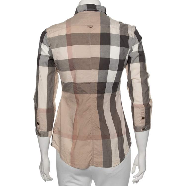 Pre Owned Burberry Brit Beige Cotton Classic Check Ruched Detail Shirt XS