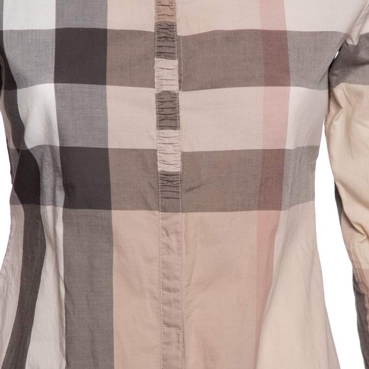 Pre Owned Burberry Brit Beige Cotton Classic Check Ruched Detail Shirt XS