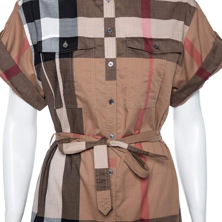 مملوكة مسبقًا Burberry Brit Brown Checkered Cotton Belted Shirt Dress S