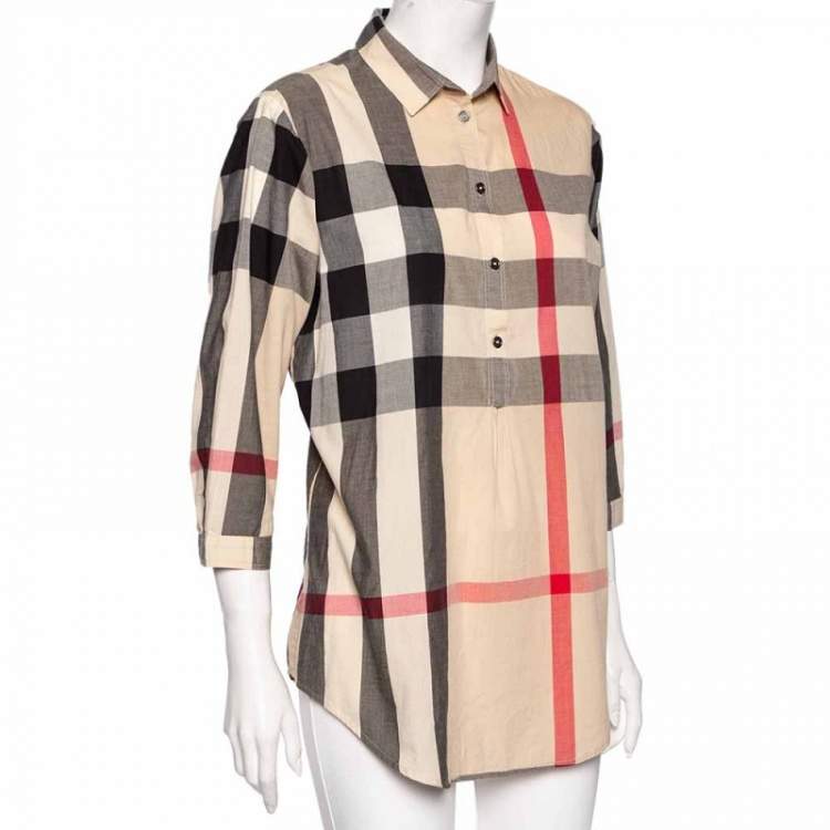 Pre Owned Burberry Brit Beige Exploded Check Cotton Button Front Tunic M 