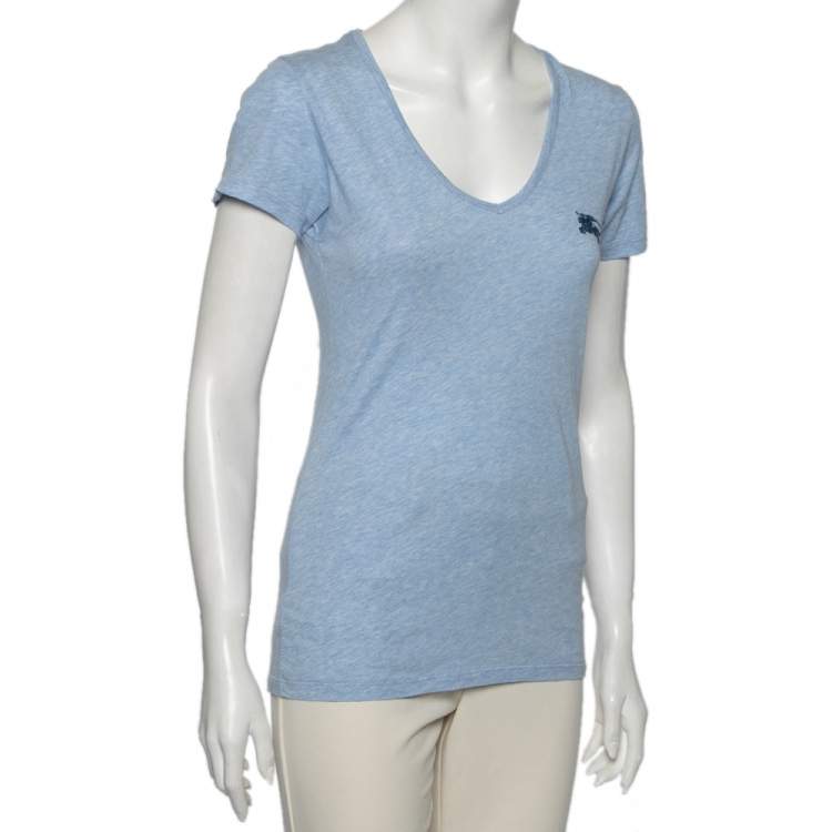 Pre Owned Burberry Brit Blue Cotton Logo Embroidered Short Sleeve T-Shirt XS