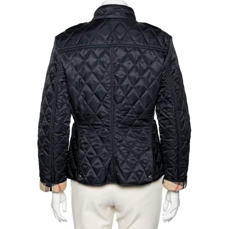 Pre Owned Burberry Brit Navy Blue Diamond Quilted Synthetic Zip Front Jacket M