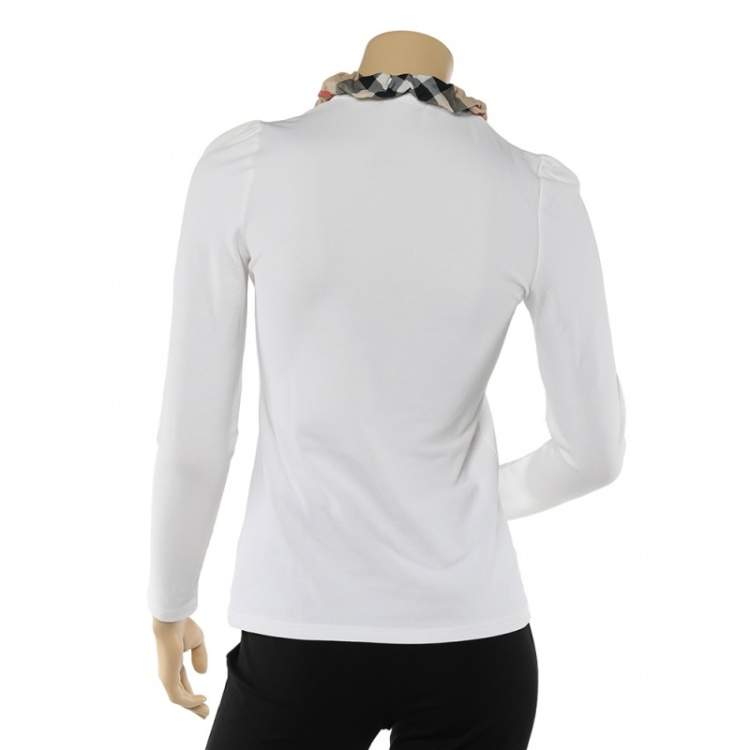 Pre Owned Burberry Brit White Cotton Checked Collar Long Sleeve T-Shirt XS