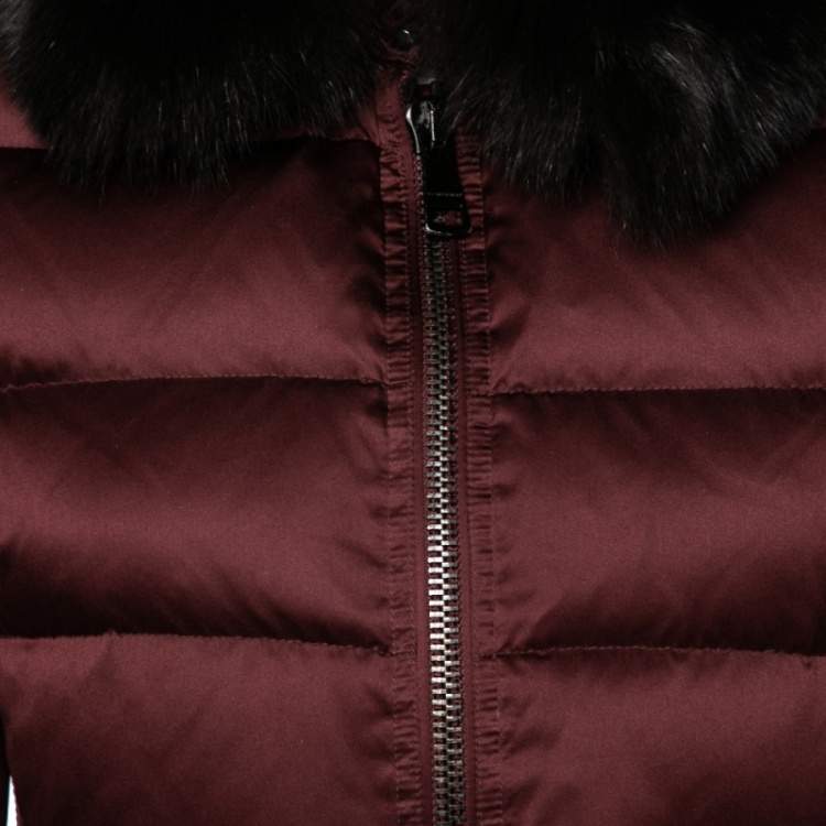Pre Owned Burberry Brit Burgundy Synthetic Fox Fur Trimmed Puffer Jackets S