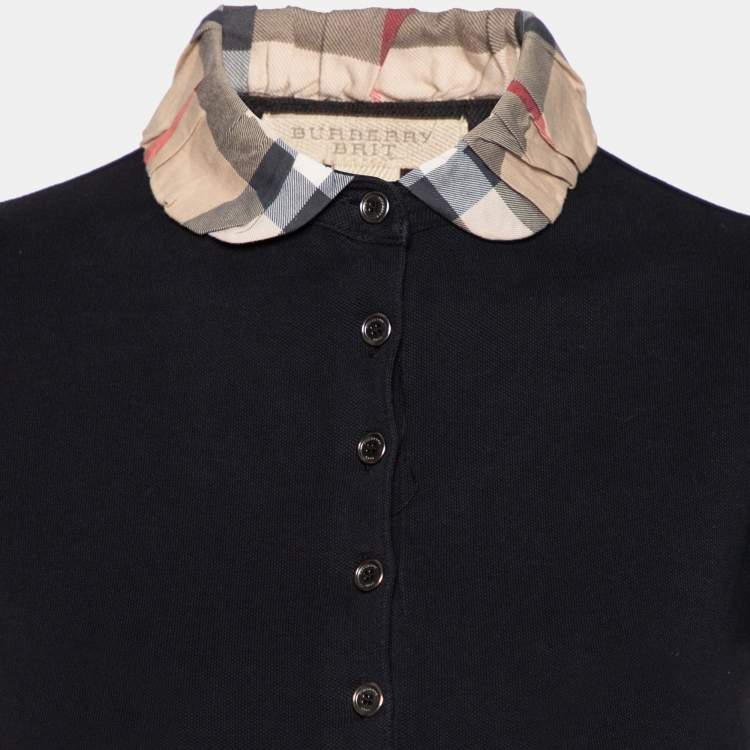 Pre Owned Burberry Brit Black Honeycomb Knit Nova Check Collar Detail Polo T-Shirt S