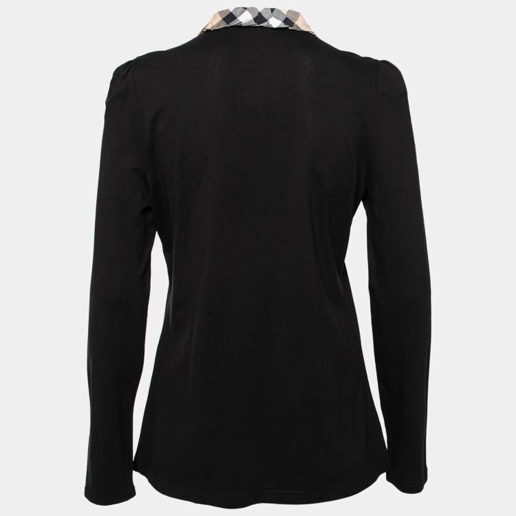 Pre Owned Burberry Brit Black Cotton Pique Nova Check Trim Detail Polo T-Shirt L